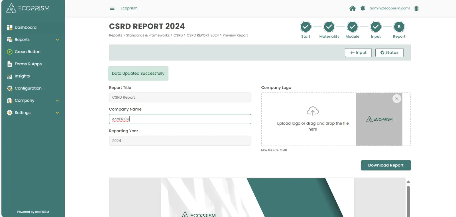 ecoPRISM platform visual showing compliance with CSRD and BRSR standards